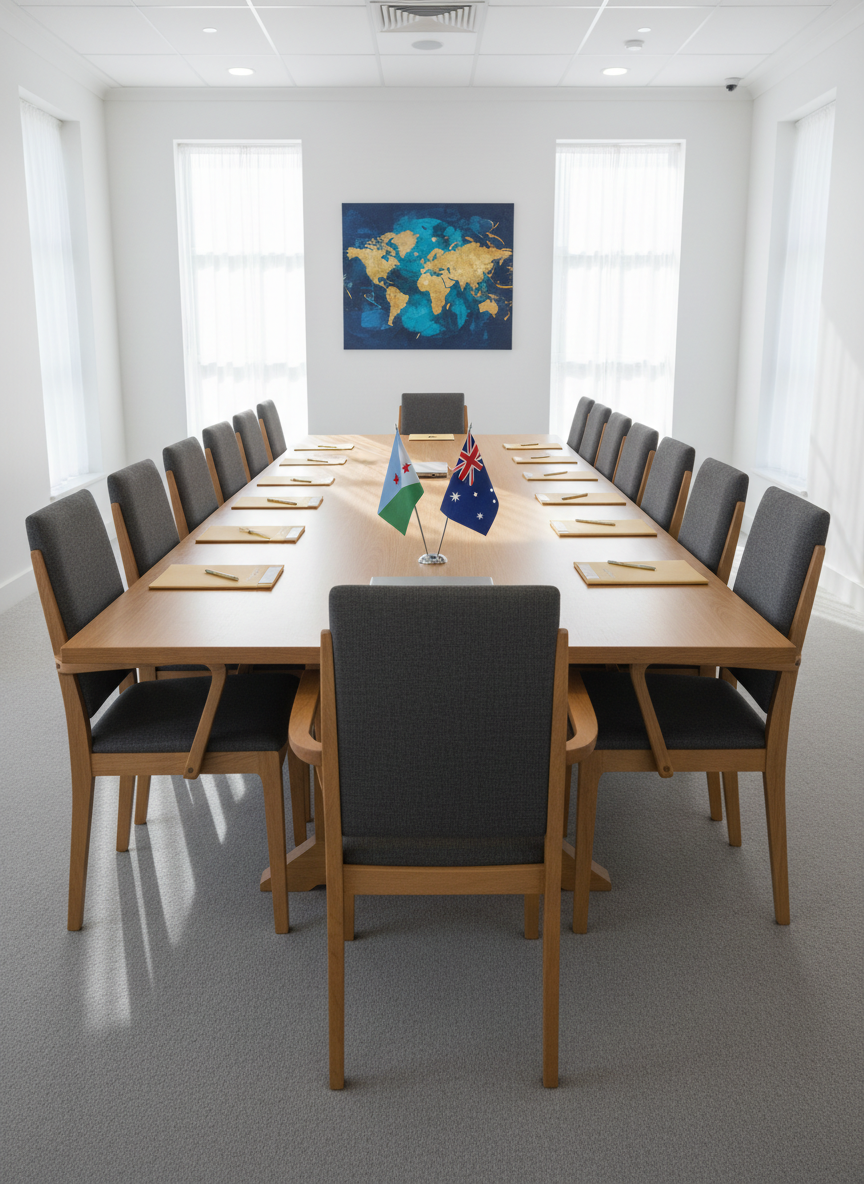 A large, elegant conference table crafted from smooth light wood, surrounded by high-backed chairs with dark fabric upholstery, arranged in a modern community hall. On the tabletop, small Djiboutian and Australian flags stand in polished metal bases beside neatly stacked folders and a sleek laptop, symbolizing partnership and organization. Soft, diffused daylight enters through tall windows with sheer white curtains, creating gentle reflections on the wood and subtle shadows beneath the chairs. Photographed at eye level with sharp focus throughout, the room feels professional yet welcoming, with clean white walls and a glimpse of an abstract map artwork in the background. The atmosphere conveys structured community leadership, unity, and purposeful collaboration in a photographic realism style.
