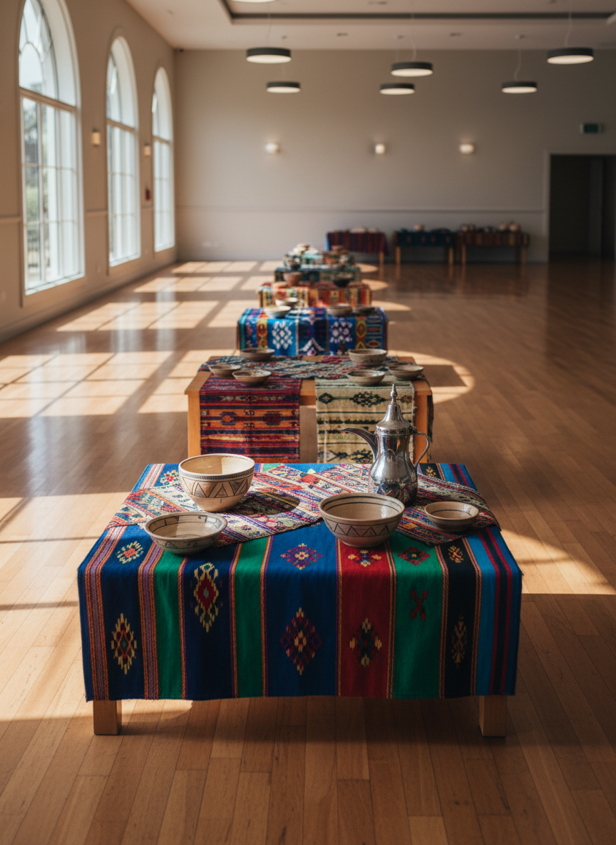 A wide, polished hardwood floor in a bright community center, featuring an arrangement of colorful woven mats and intricately patterned traditional Djiboutian textiles draped over low display tables. Decorative ceramic bowls with subtle geometric motifs and a gleaming silver coffee pot rest atop the cloths, suggesting shared culture and hospitality. Sunlight from high side windows washes the scene in warm, even light, casting soft, elongated shadows. Shot from a slightly elevated angle using the rule of thirds, the foreground textiles are in crisp focus while the background of neutral-toned walls and discreet modern lighting softly fades. The photographic image feels vibrant yet orderly, celebrating cultural heritage in a refined, professional setting appropriate for an Australian community council event.