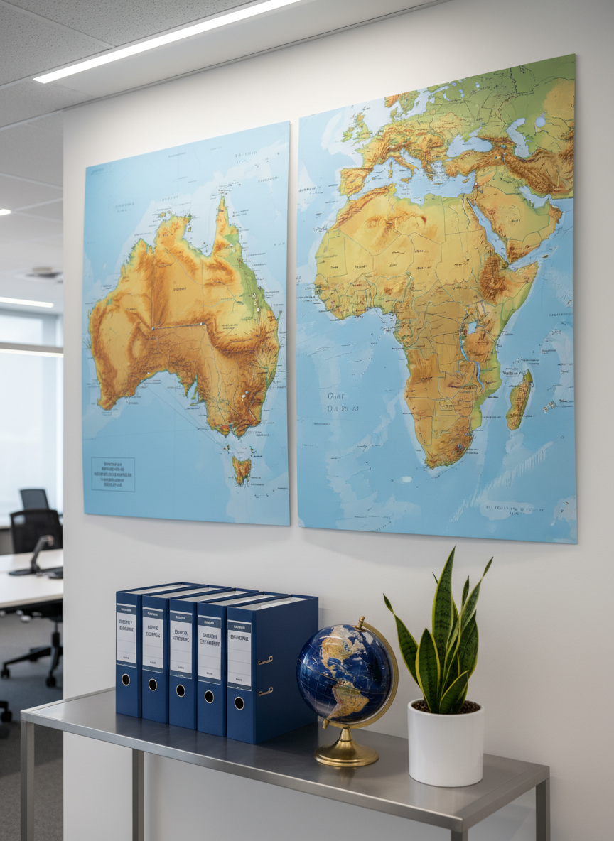 An immaculately maintained map corner inside a modern office, featuring a large, wall-mounted physical map of Australia and the Horn of Africa side by side. A sleek metal-framed shelf beneath holds a neat row of labeled binders, a globe with a glossy surface, and a small plant in a white ceramic pot. Cool, balanced overhead lighting combines with soft daylight from an unseen window to create gentle highlights on the map surfaces and the globe’s oceans. Captured from a three-quarter angle with moderate depth of field, the focus is on the juxtaposition of regions, suggesting connection between Djibouti and Australia. The composition is clean and uncluttered, conveying strategic planning, diaspora links, and professional coordination in a realistic photographic style.